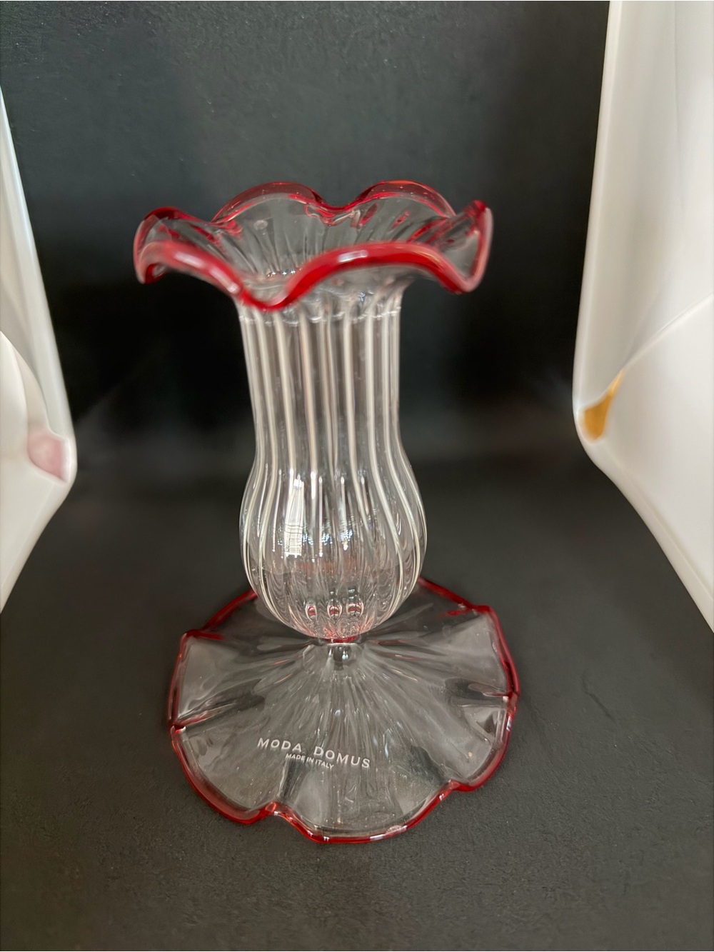 Moda Domus Glass Bud Vase with Red Ruffled Edge
